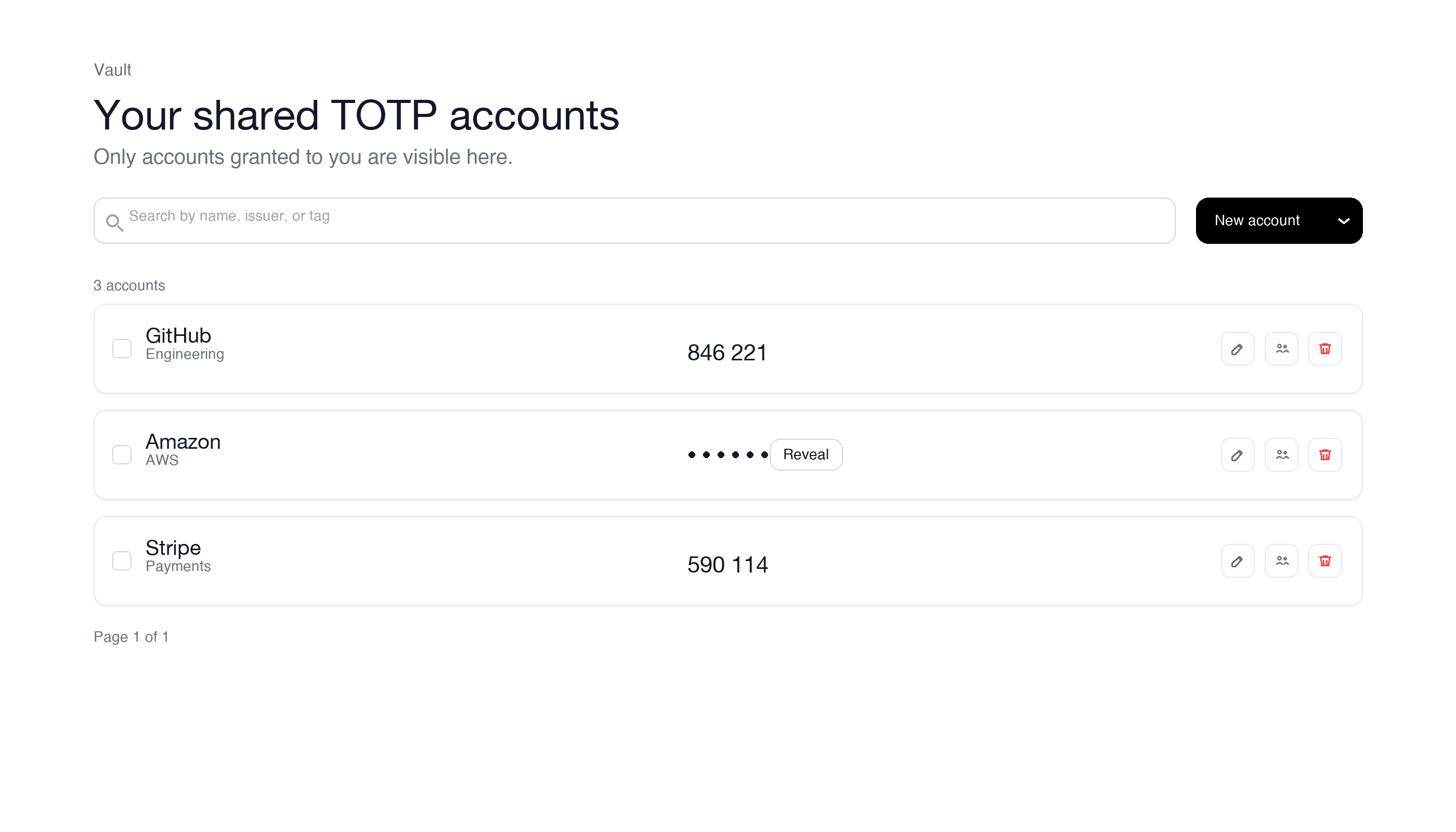 Shared TOTP accounts vault interface